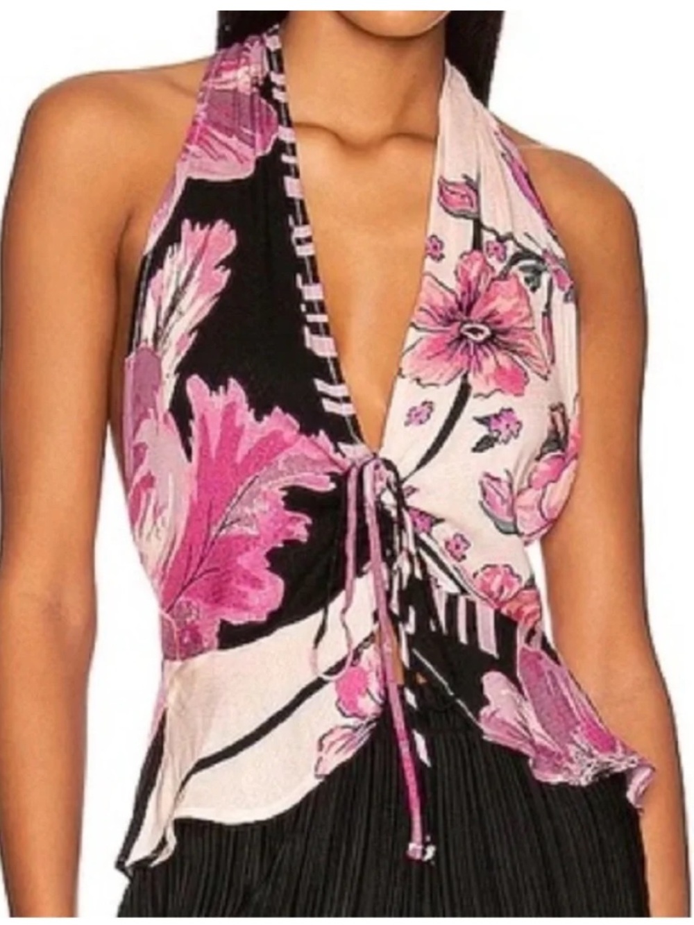 Free People Y2K Fairy Boho Flounce Hem Pink Black Deep V Tie Front Top Sz L NEW